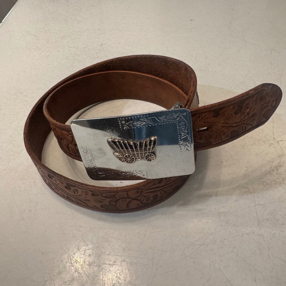 JCPenney Belt Mens 36 Brown Leather Embossed Acorn Covered Wagon Trophy Buckle